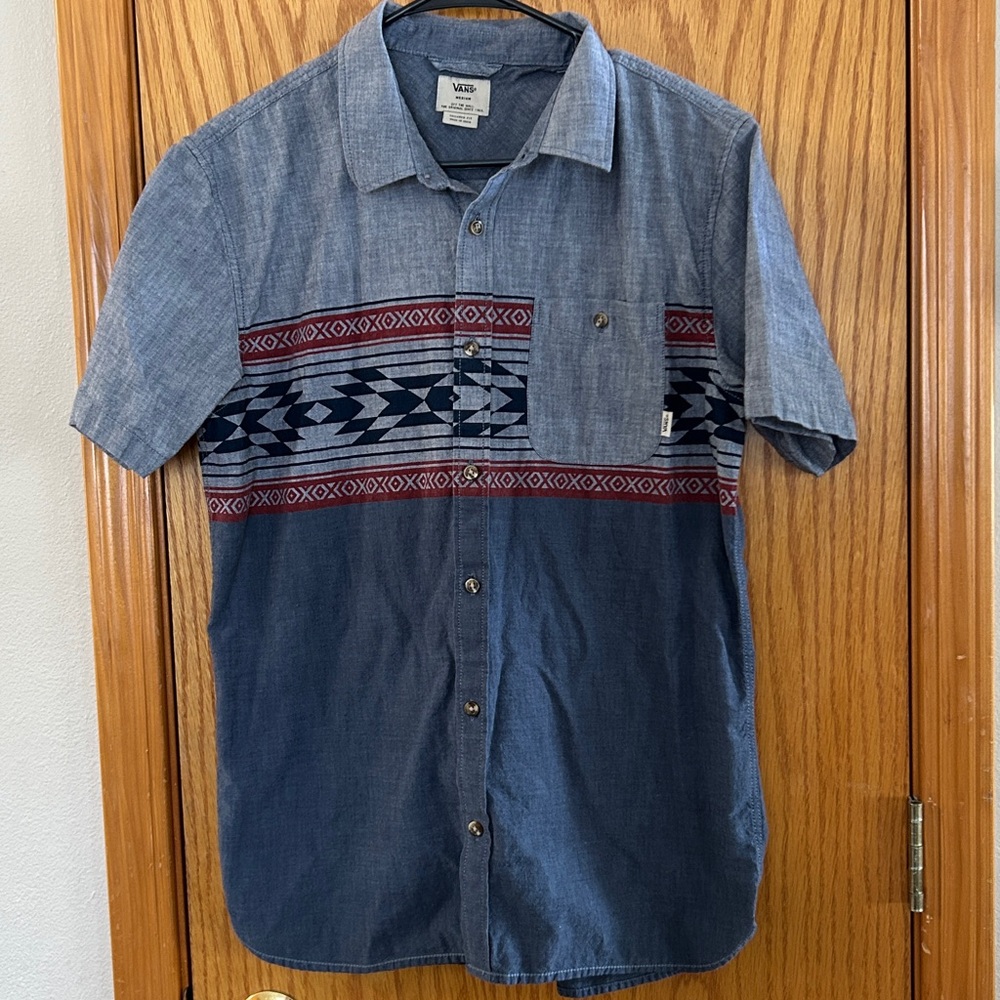Vans Blue and Red Patterned Short Sleeve Shirt Sz M